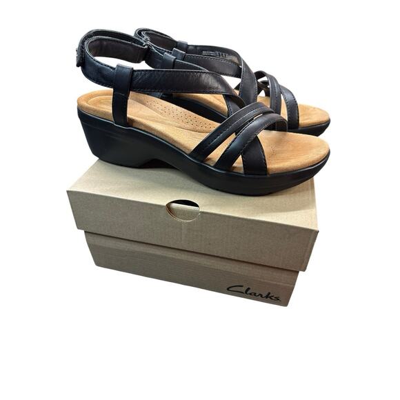 Clarks Artisan Black Leather Sandals Women's 8M Strappy Comfort Dressy Wedge Low - Picture 2 of 13